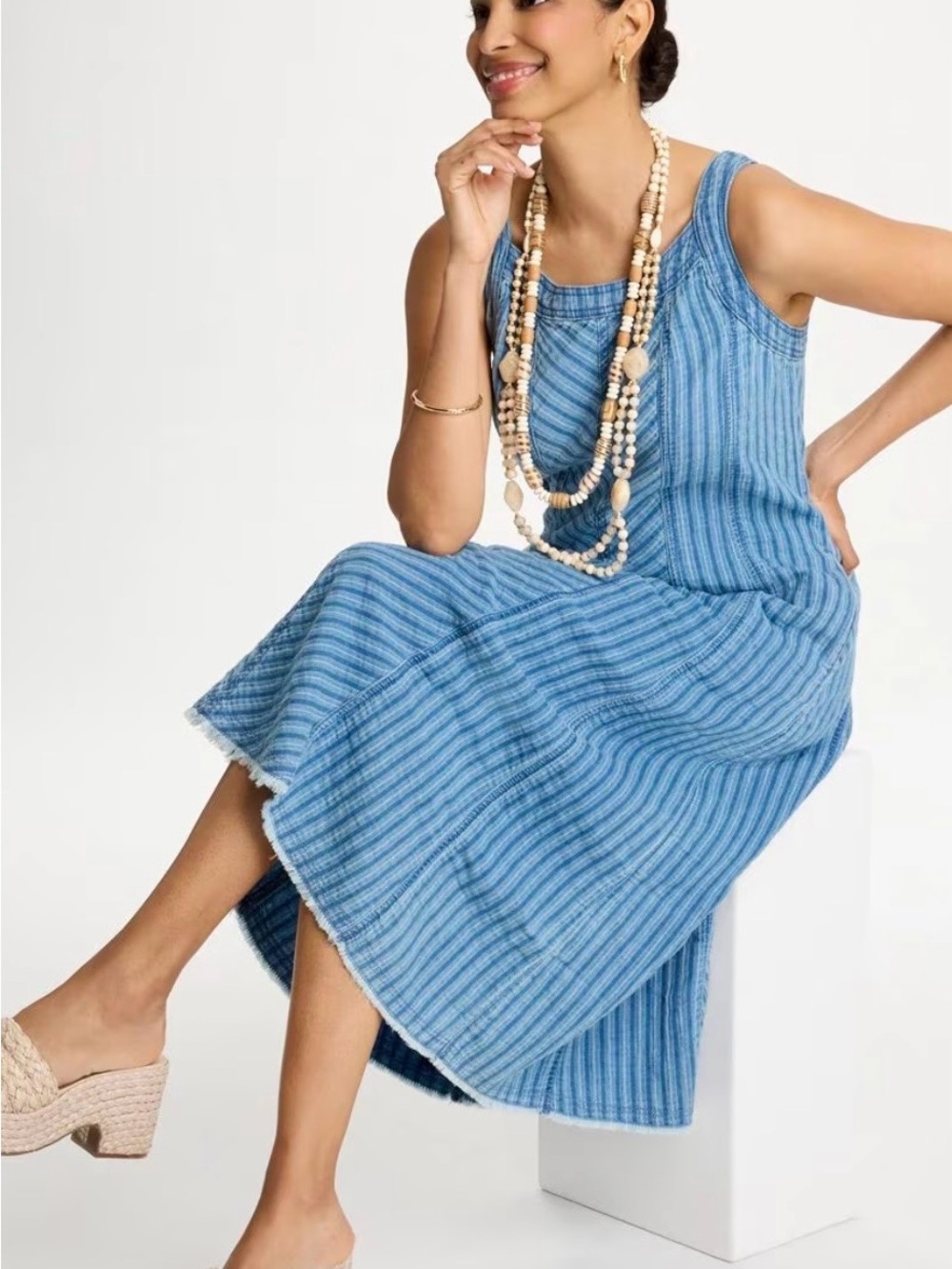 Chicos Striped Gauze Denim Sleeveless Blue Midi Dress, Size 4-6 - Picture 2 of 8